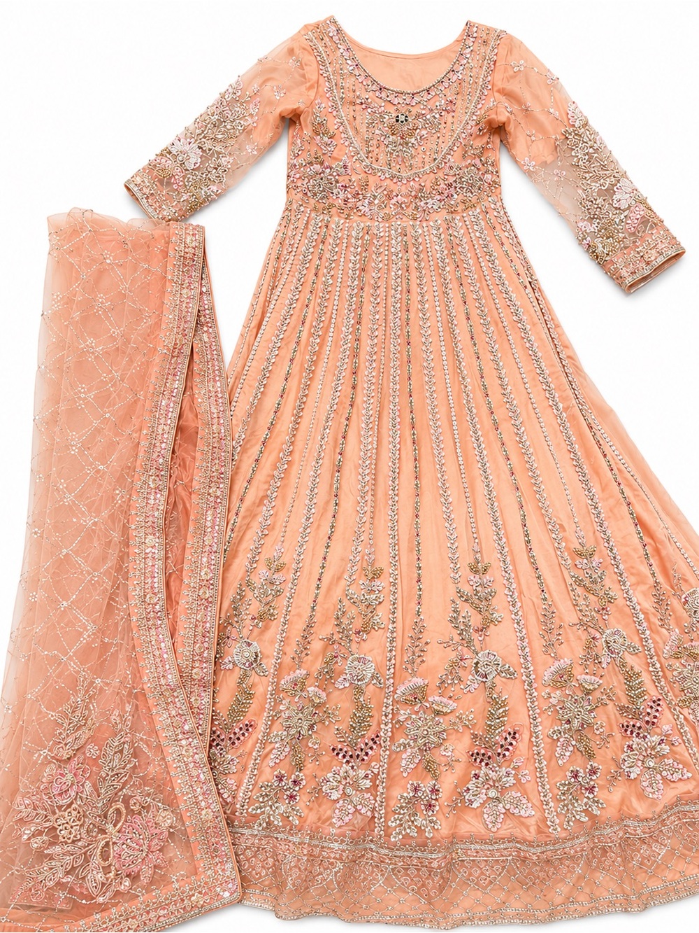 Heavy Pakistani/ Indian Peach Embellished Anarkali Dress with Dupatta